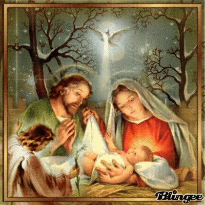 A Painting Of A Nativity Scene With The Word Blingee On The Bottom GIF