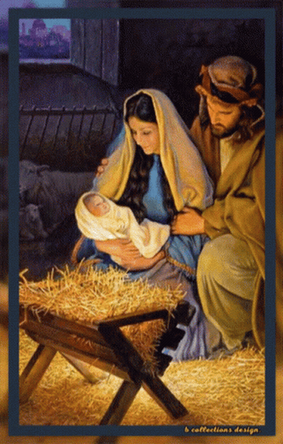 A Painting Of A Nativity Scene With The Words " B Collections Design " At The Bottom GIF