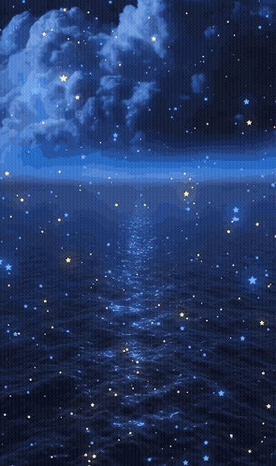 A Painting Of A Night Sky With Stars Over The Ocean By Geya Shivacova GIF