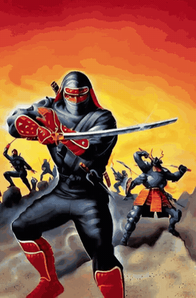 A Painting Of A Ninja Holding A Sword In Front Of A Group Of Samurai GIF