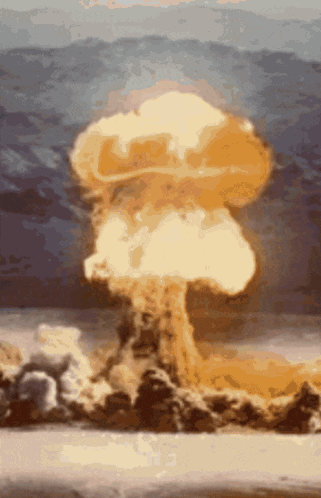 A Painting Of A Nuclear Explosion With A Mountain In The Background GIF
