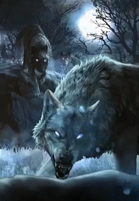 A Painting Of A Pack Of Wolves With Glowing Eyes GIF