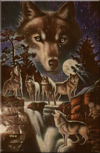 A Painting Of A Pack Of Wolves With The Name Vica On The Bottom GIF