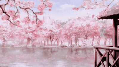 A Painting Of A Park With Cherry Blossom Trees And A Lake GIF