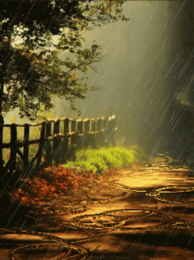 A Painting Of A Path In The Rain With A Wooden Fence In The Background GIF
