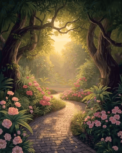 A Painting Of A Path Surrounded By Flowers And Trees With The Sun Shining Through The Trees GIF