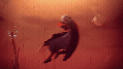 A Painting Of A Person Flying Through The Air With A Red Background GIF
