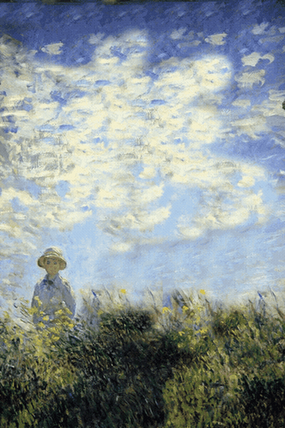 A Painting Of A Person In A Field With A Blue Sky GIF