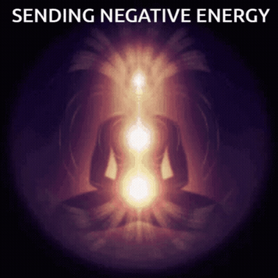 A Painting Of A Person In A Lotus Position With The Words " Sending Negative Energy " Above Them GIF