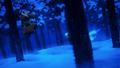 A Painting Of A Person In A Snowy Forest With Trees In The Background GIF
