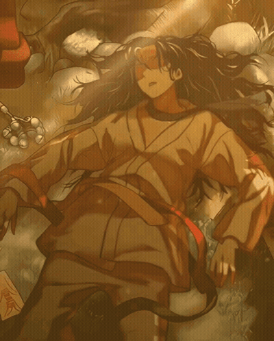 A Painting Of A Person Laying On The Ground With Chinese Writing On The Papers GIF