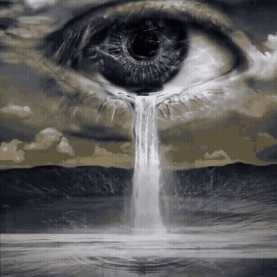 A Painting Of A Person 'S Eye With A Waterfall In The Background GIF