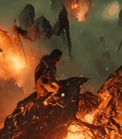 A Painting Of A Person Sitting On A Rock With A Fire Behind Them GIF