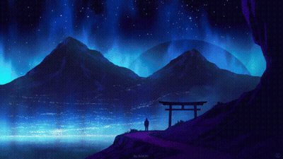 A Painting Of A Person Standing On A Hill Overlooking A Body Of Water GIF