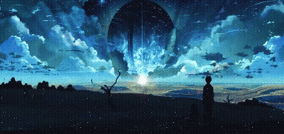 A Painting Of A Person Standing On Top Of A Hill With A Large Sphere In The Background GIF