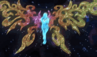 A Painting Of A Person Surrounded By Colorful Swirls In The Sky GIF