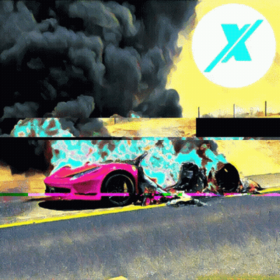 A Painting Of A Pink Sports Car With A Blue X In The Middle Of It GIF