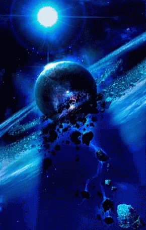 A Painting Of A Planet In Space With Asteroids Around It GIF
