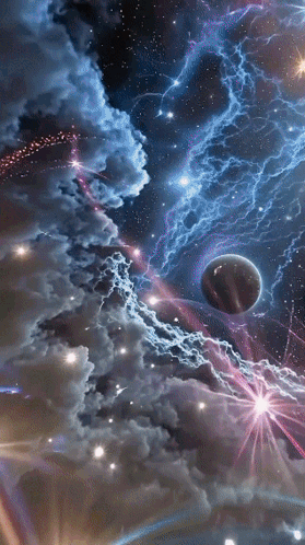 A Painting Of A Planet In The Middle Of A Cloudy Space GIF