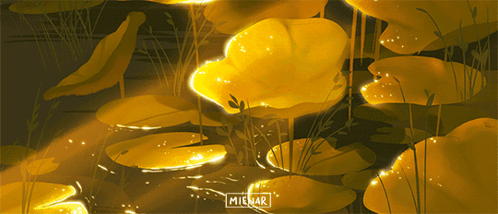 A Painting Of A Pond With Yellow Flowers And The Name Mienar On The Bottom GIF