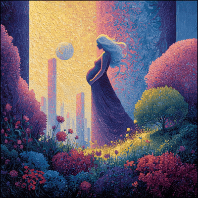A Painting Of A Pregnant Woman Surrounded By Flowers And Trees GIF