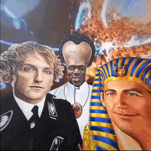 A Painting Of A Priest A Pharaoh And A Man With A Heart Shaped Head GIF