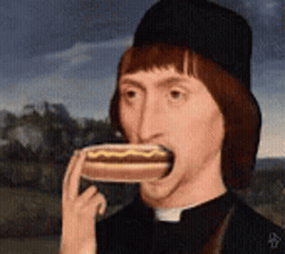 A Painting Of A Priest Eating A Hot Dog With Mustard On It . GIF