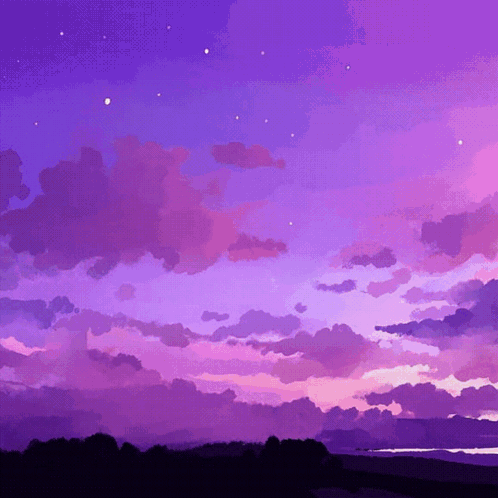 A Painting Of A Purple Sky With Trees In The Foreground GIF