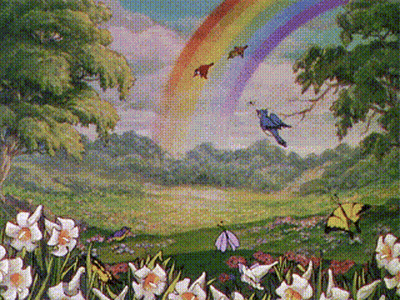 A Painting Of A Rainbow And Birds In A Field GIF