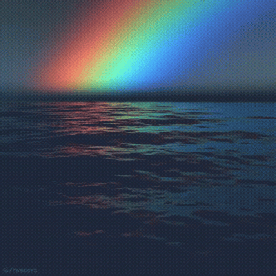 A Painting Of A Rainbow Over A Body Of Water With The Name G / Trevecova On The Bottom GIF