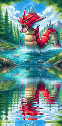 A Painting Of A Red Dragon Swimming In The Water GIF