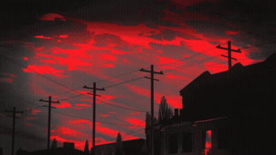 A Painting Of A Red Sky With Telephone Poles GIF