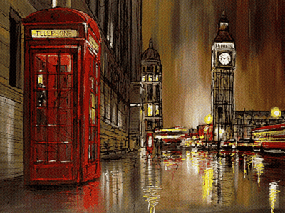 A Painting Of A Red Telephone Booth And Big Ben GIF
