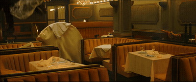 A Painting Of A Restaurant With Tables And Booths And A Few Birds Flying Around GIF
