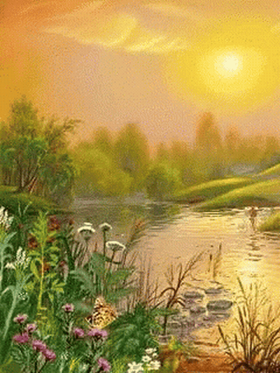 A Painting Of A River Surrounded By Flowers And Grass GIF