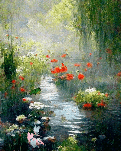 A Painting Of A River With Flowers And Butterflies GIF