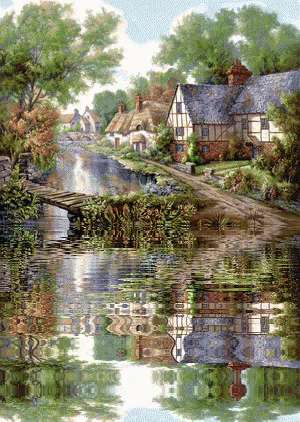 A Painting Of A River With Houses And Trees Reflected In The Water GIF