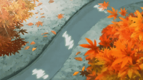 A Painting Of A River With Leaves Falling On The Side GIF