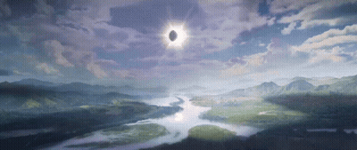 A Painting Of A River With Mountains In The Background And The Sun Shining Through The Clouds GIF