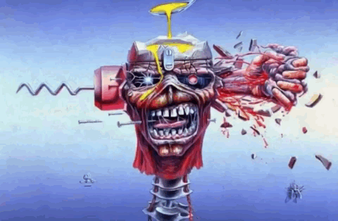 A Painting Of A Robotic Head With A Screw In Its Eye GIF