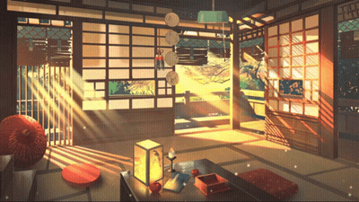 A Painting Of A Room With A Table And A Lamp GIF