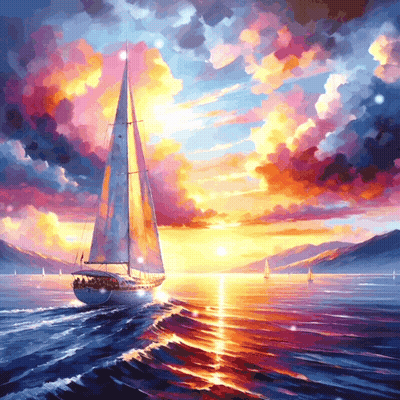 A Painting Of A Sailboat In The Ocean With A Sunset In The Background GIF