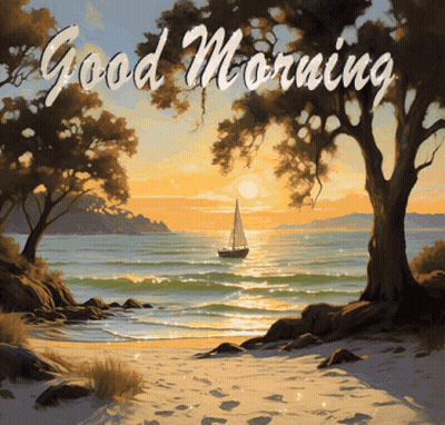 A Painting Of A Sailboat In The Ocean With The Words " Good Morning " On The Bottom GIF