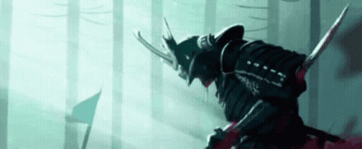 A Painting Of A Samurai Holding A Sword In The Woods GIF