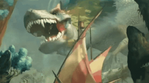 A Painting Of A Shark With A Flag In The Background GIF