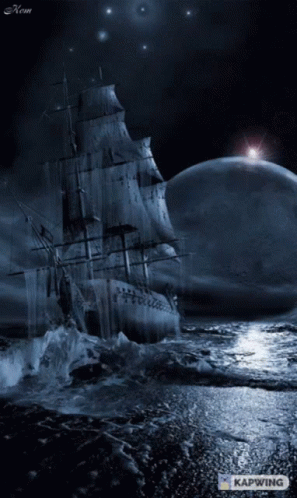A Painting Of A Ship In The Ocean With Kapwing Written On The Bottom GIF