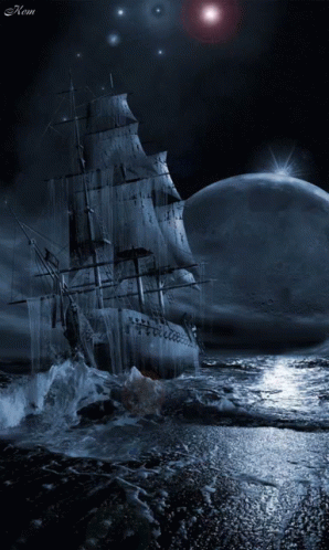 A Painting Of A Ship In The Ocean With The Name Nem On The Bottom Right GIF