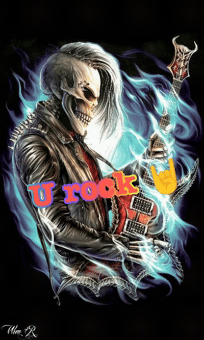 A Painting Of A Skeleton Holding A Guitar With The Word U Rock Written On It GIF
