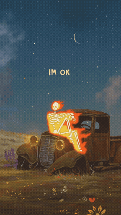 A Painting Of A Skeleton Sitting In A Truck With The Words I 'M Ok Below It GIF