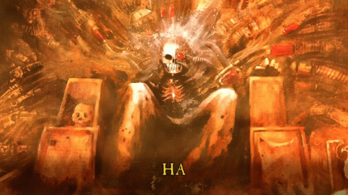 A Painting Of A Skeleton Sitting On A Throne With The Word Ha Underneath It GIF